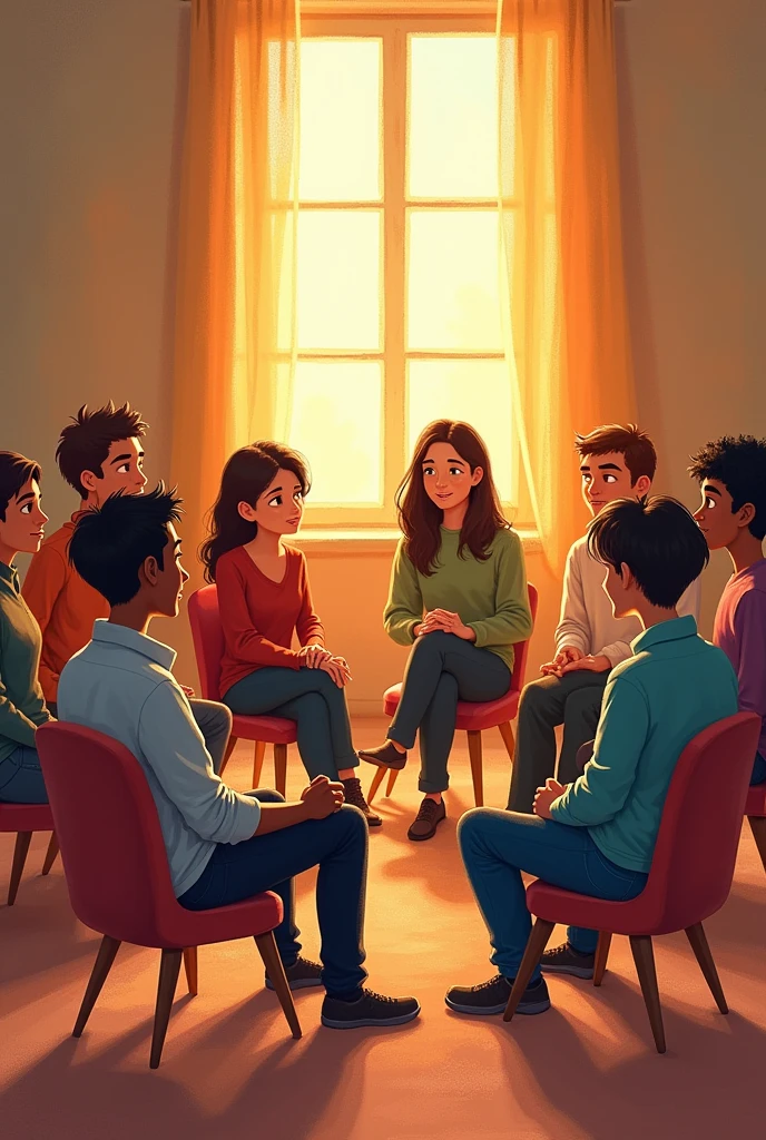 group therapy, ten people sittin on chairs, forming a circle, walrm colors, crayon illustration, pixar style