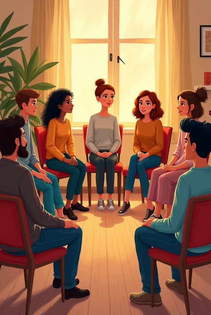 group therapy, ten people sittin on chairs, forming a circle, walrm colors, crayon illustration, pixar style