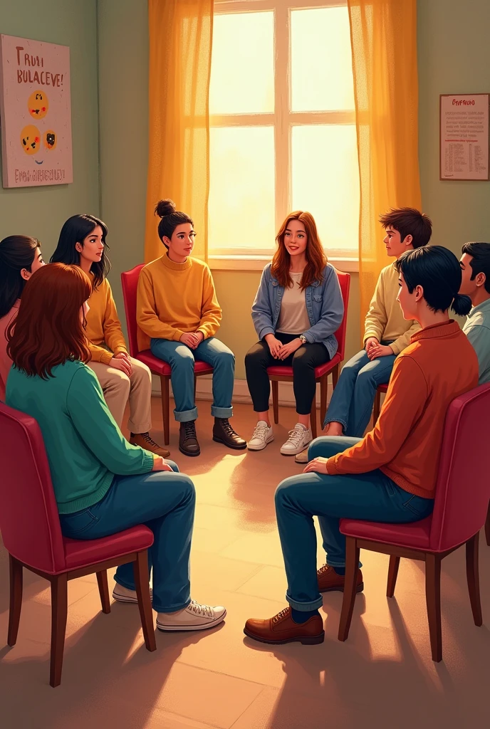 group therapy, ten people sittin on chairs, forming a circle, walrm colors, crayon illustration, pixar style