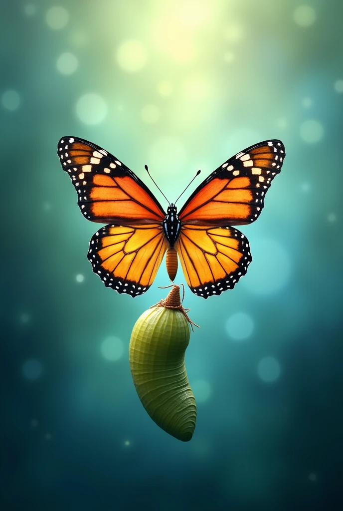 Create an inspiring eBook cover image featuring a vibrant butterfly emerging from a cocoon. The background should be smooth and ethereal, with shades of blue and green, symbolizing transformation and renewal. The butterfly must be detailed and colorful., representing metamorphosis and personal growth.