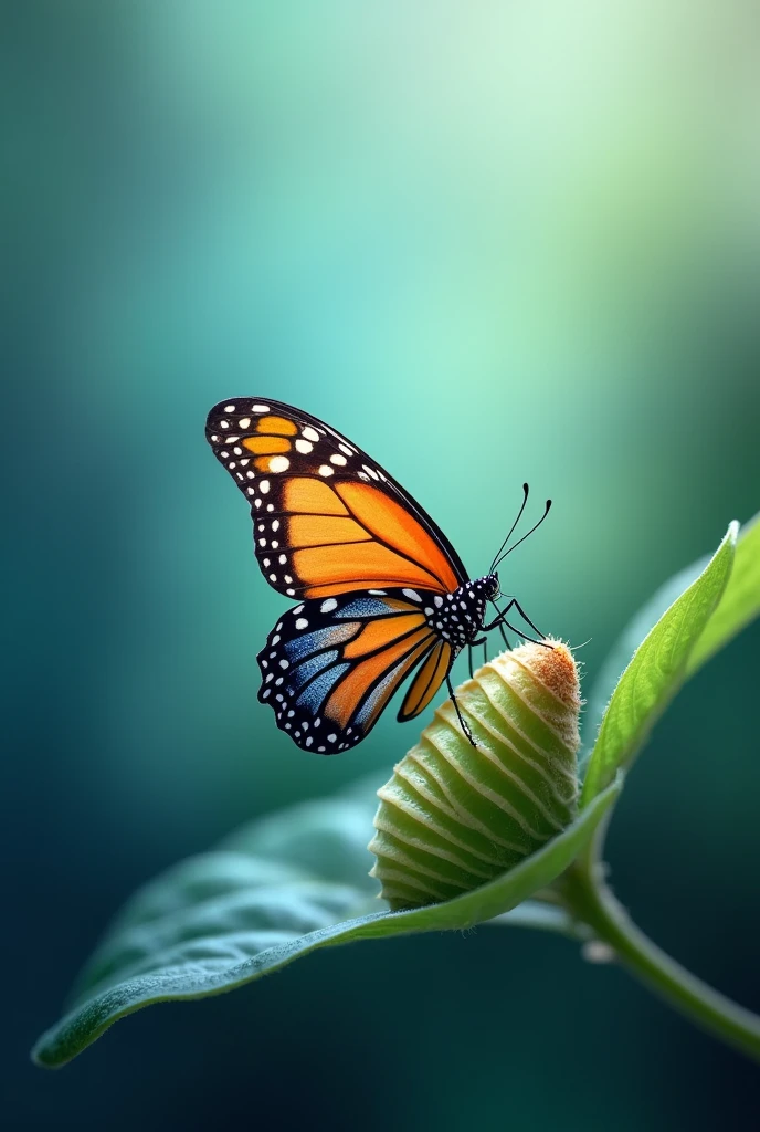 Create an inspiring eBook cover image featuring a vibrant butterfly emerging from a cocoon. The background should be smooth and ethereal, with shades of blue and green, symbolizing transformation and renewal. The butterfly must be detailed and colorful., representing metamorphosis and personal growth.