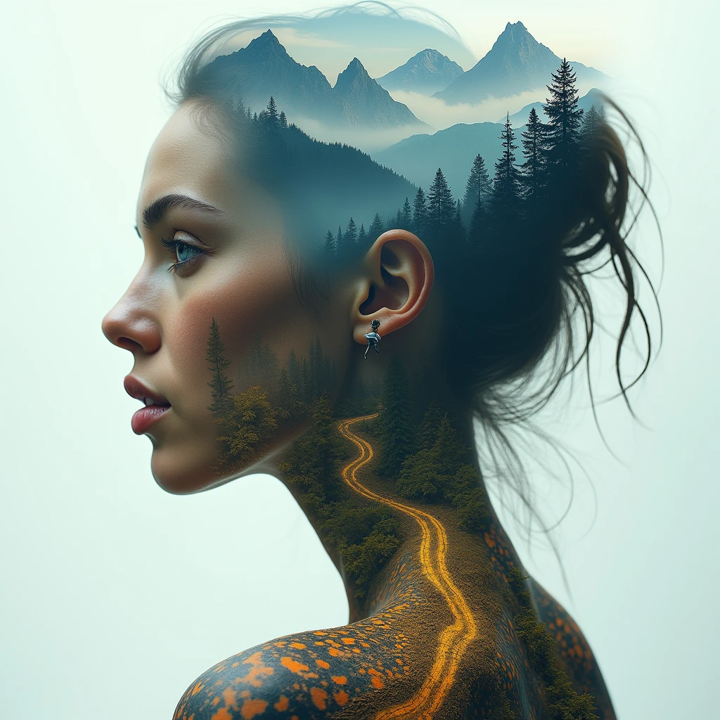 Double exposure of An awe-inspiring digital artwork featuring the face of a beautiful woman with piercing eyes, adorned in vibrant orange and black tattoos on her skin, set against a backdrop of mountains, forests, rivers, and a road that leads to a mysterious crossroads. Creating a captivating contrast between light and dark colours. This composition evokes a sense of wonder and curiosity, inviting viewers into another world with contrast and cinematic lighting. Ray tracing, SSAO, OLED clarity, global illumination, subsurface scattering, cinematic lighting, Tundra, Canon EOS 5D Mark IV camera with a Canon EF 50mm f/2.8L II USM lens tundra symmetry,