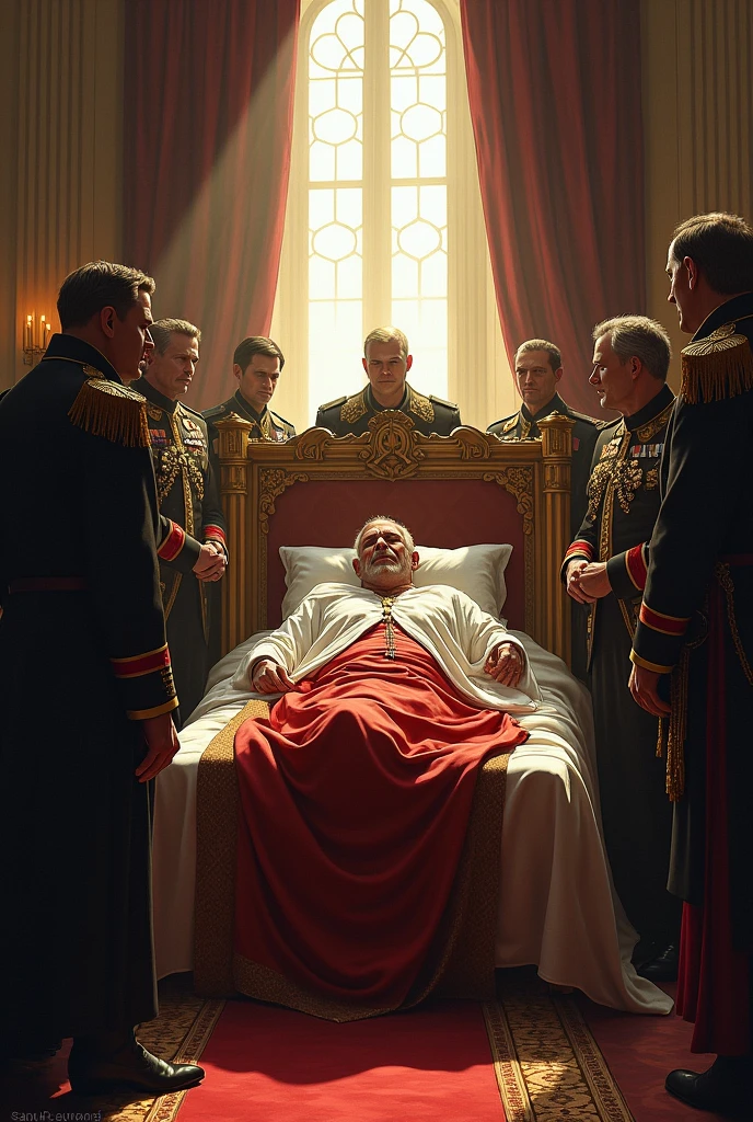 A king is lying sick in bed and many generals are standing by his side


