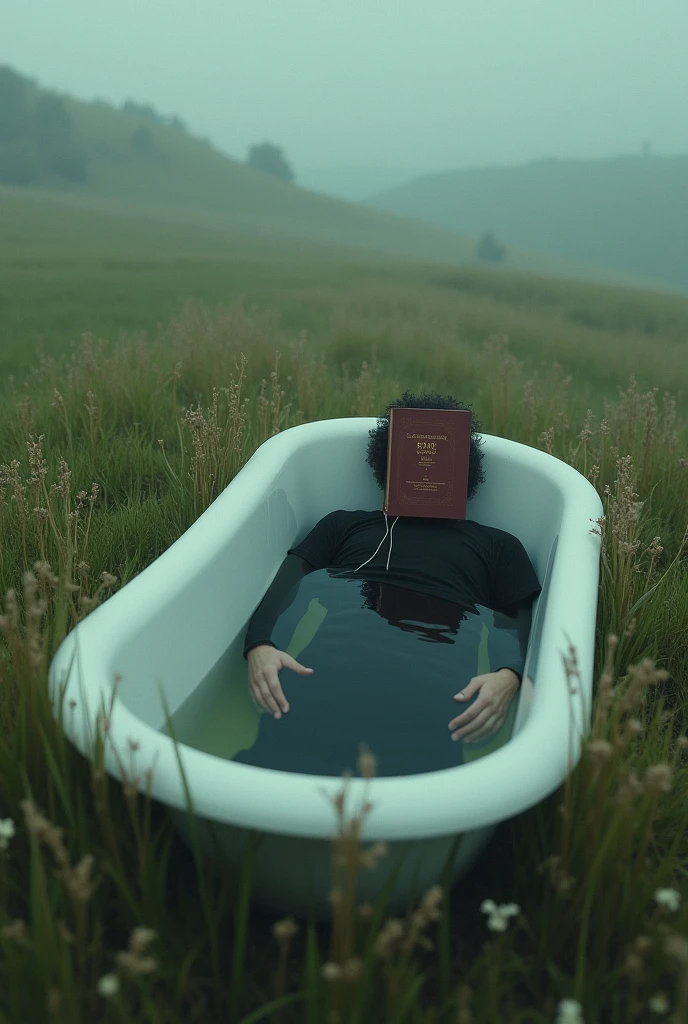 Man lying on the meadow, it is not difficult to see, you can see his entire upper body he is wearing black lying in a bathtub full of water the Bible is on his face and his feet are facing out and it is all on a hill. Sideways and everything is blurred so to speak. As in the cover of Billir Eilish's ep Quittar songs