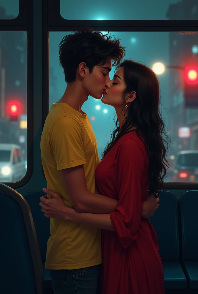 The boy and girl kissing each other inside the bus at night. Boy wears yellow polo t shirt, girl wears red undesigned Chudidhar. They sit