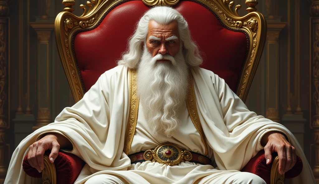 In ancient Islamic times, a noble man with white hair and a white beard, 7, physically strong, wearing a white cloak, sits on a chair inside the Caliphate Palace. The chair is luxurious, he puts both his hands on his feet, sitting with confidence and pride, and signs of anger on his face and old age on his face.