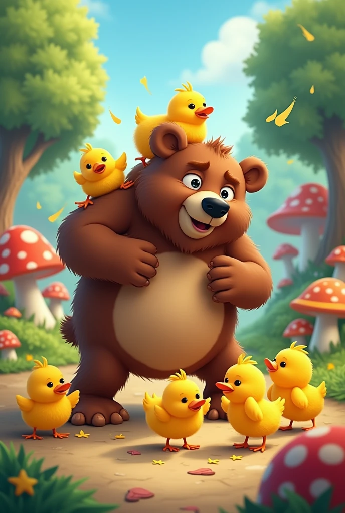 Des petits poussin jaune qui se bagarre avec  un ours , type cartoon
