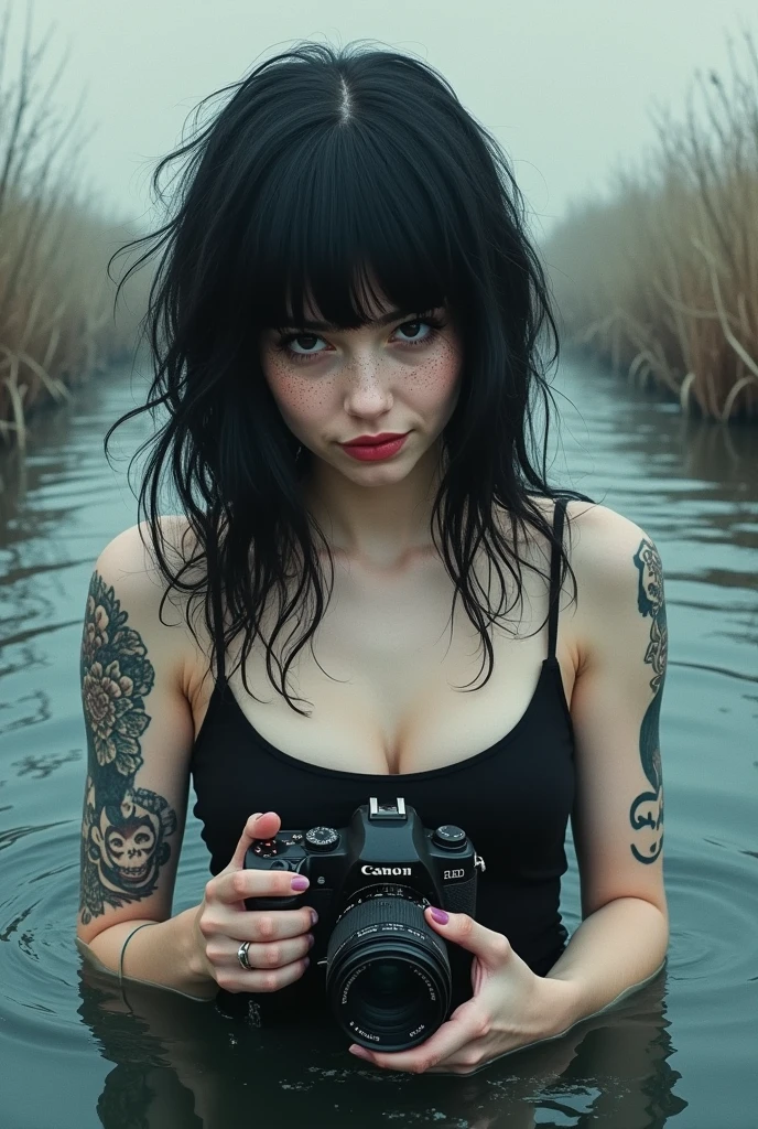 A Woman Photographer, holding a canon camera, Caucasian skin, eyes black, Round face, chubby, tattoo on arm, freckles, scary black hair with bangs . water colour
