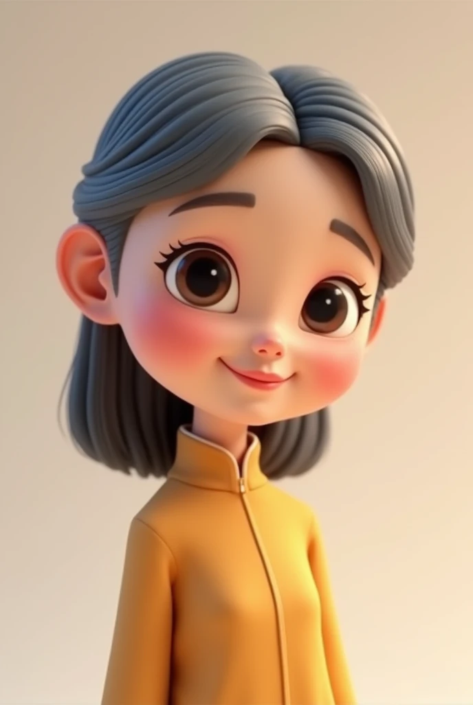 Pixar style image with small brown eyes of 3D character, ORIENTAL WOMAN , brunette skin ,gray hair , slickedback hair, at shoulder height , rounded face and body, Disney makeup