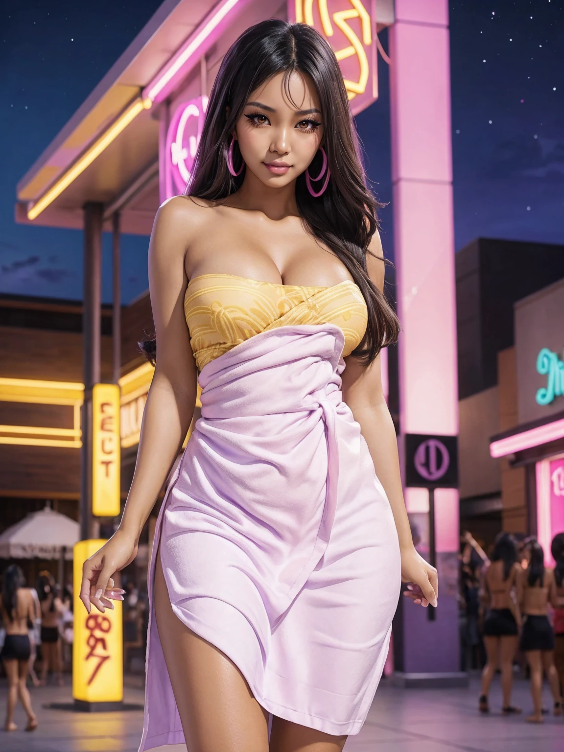(SFW sexy tanned Polynesian|Asian woman, extremely_long_hair, slanted Asian eyes, hourglass figure, perfect eyeliner:1.2), (masterpiece:1.4, best quality), medium breasts, unity 8k wallpaper, ultra detailed, (shopping in crowded plaza, purple pink yellow neon lights:1.3), alluring pose, upper body, narrow_waist, beautiful and aesthetic, detailed, solo, naked towel