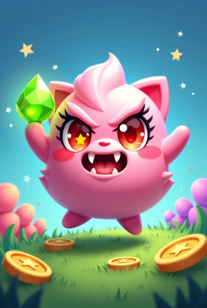 brawl stars, small pastel pink bristle, linda, eyelashes, Big shiny red eyes with a star in the eye, angry expression, blushing, smiling with two fangs, blue background with stars, grass and flowers, In the grass put gold coins with a star inside the coin, victory pose with a green gem in hand, brawl stars, 2d