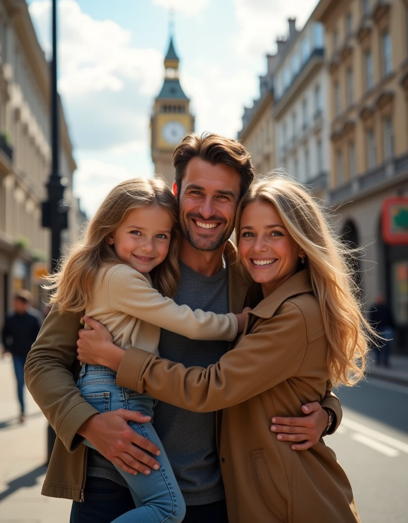 Blonde  , blue eyes very long hair hugging her father, brown hair and eyes and her mother blonde green eyes long hair taking a selfie on the streets of London 8k ultra realistic 