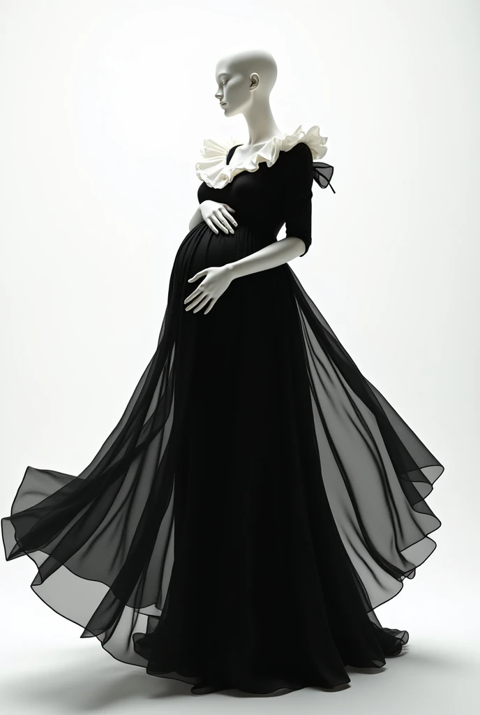 pregnent woman mannequin without hand there full body shot is a black dress with a white bow on it, flowing fabric, black color aesthetic, flowing realistic fabric, black clothes, a still of an ethereal, black color, beautiful flowing fabric, slow motion fashion, white and black clothing, white background , frilled blooming collar, frill, flowing dress, inspired by Hedi Xandt