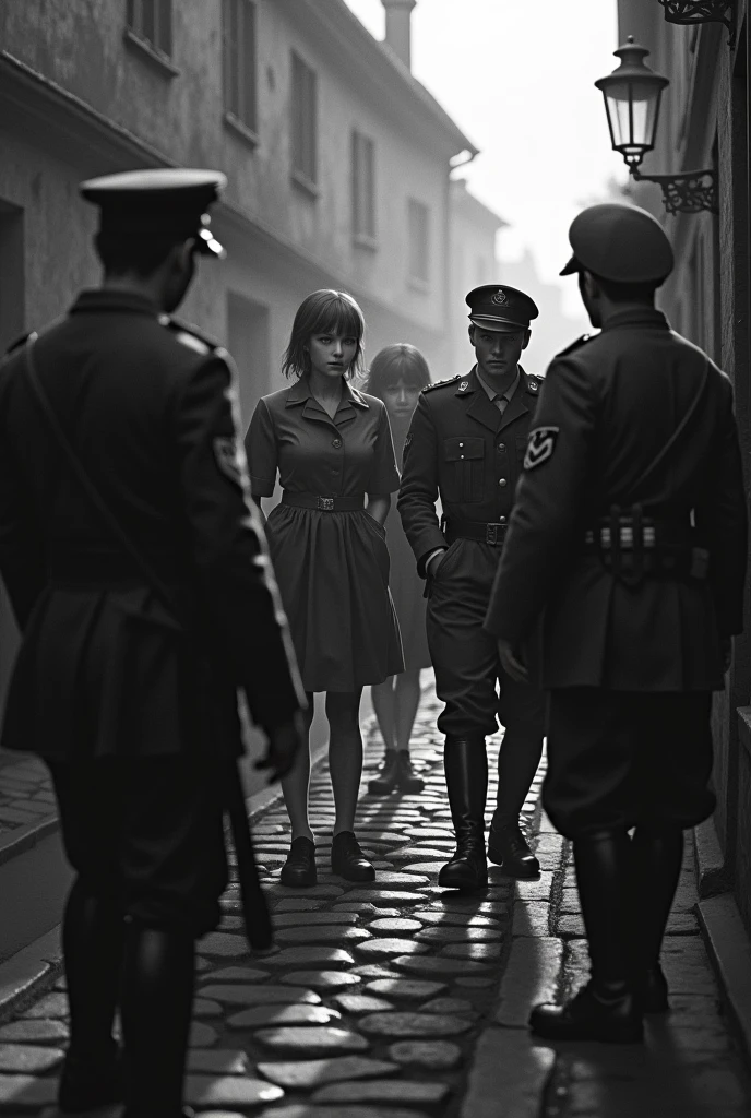 Black and white world war 2 scene of German Nazi soldiers capturing and encaging cute anime girls in a French town.
