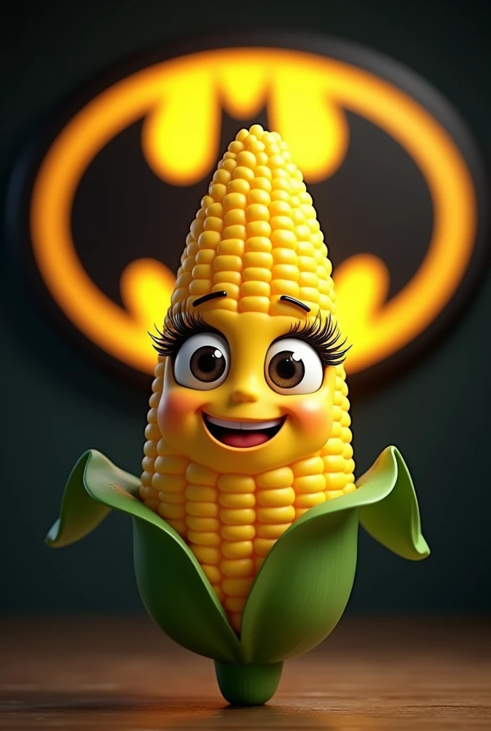 A corn with eyelashes and smiling with the batman logo in the background
