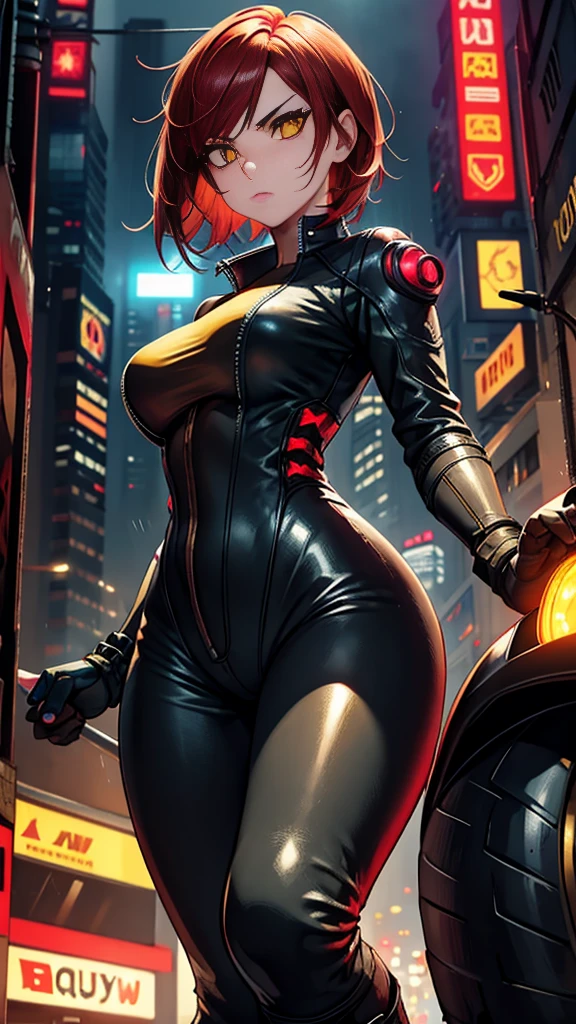 biker girl, motorcycle, Leather one-piece garment, Short hair, yellow glowing eyes, Dark colors, ultra detailed face, long eyelashes, skinny, Cyberpunk, Neon lights, Red hair, long boots, tightsuit, Night, the city street, mitts, rain