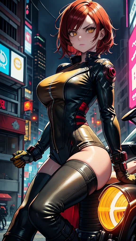 biker girl, motorcycle, Leather one-piece garment, Short hair, yellow glowing eyes, Dark colors, ultra detailed face, long eyelashes, skinny, Cyberpunk, Neon lights, Red hair, long boots, tightsuit, Night, the city street, mitts, rain