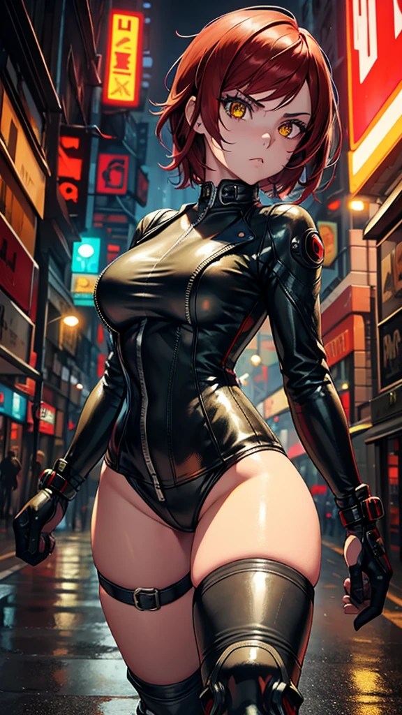 biker girl, motorcycle, Leather one-piece garment, Short hair, yellow glowing eyes, Dark colors, ultra detailed face, long eyelashes, skinny, Cyberpunk, Neon lights, Red hair, long boots, tightsuit, Night, the city street, mitts, rain