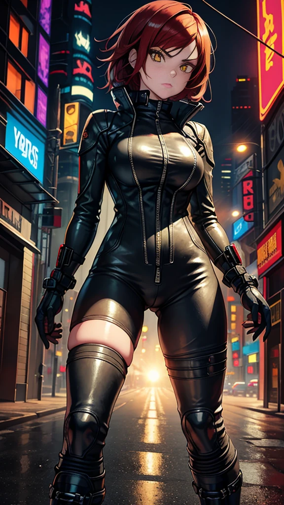 biker girl, motorcycle, Leather one-piece garment, Short hair, yellow glowing eyes, Dark colors, ultra detailed face, long eyelashes, skinny, Cyberpunk, Neon lights, Red hair, long boots, tightsuit, Night, the city street, mitts, rain