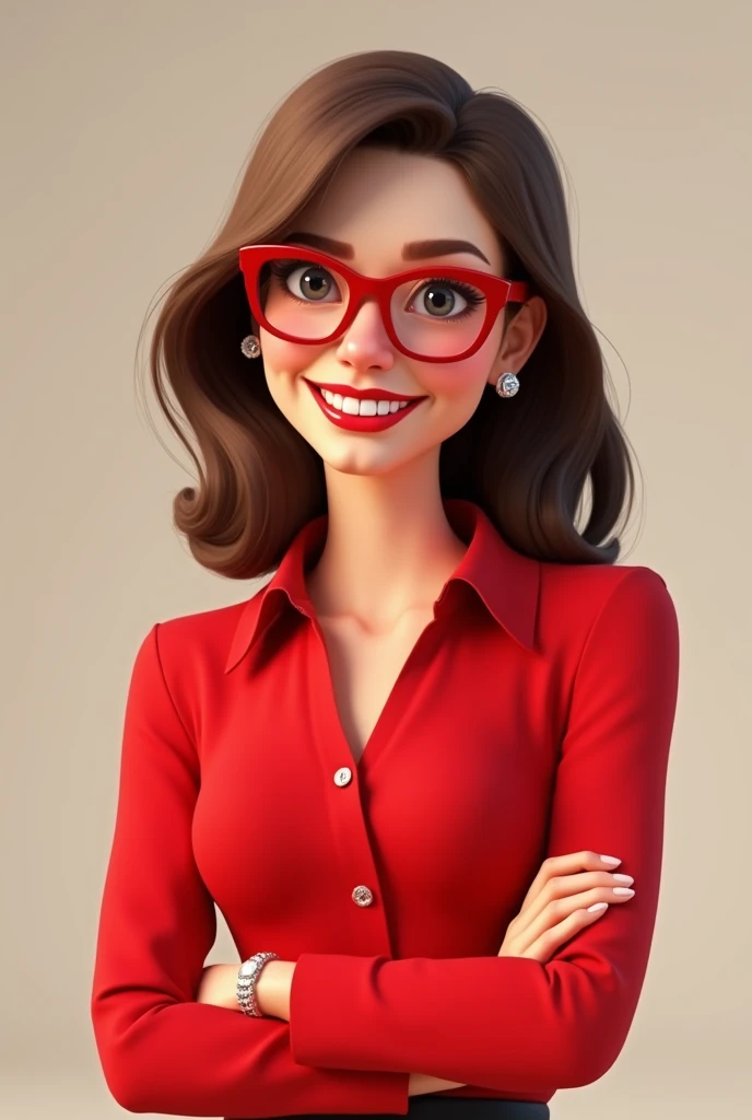 adult woman avatar, 40 year old white executive with medium length brown hair, smiling kindly, with red lipstick and red blouse, wearing red framed glasses. Pixar-style, disney, 3d,