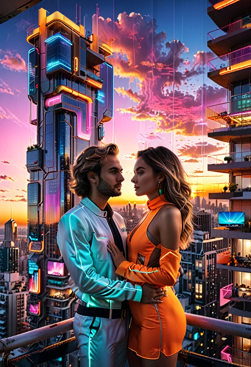 Una foto super realist de una ciudad futurista con edificios altos de neon, I am with my wife in my apartment on the 15th floor, watching the big city, 8k, UHD, realist, sunset background, golden hour, beautiful view,
