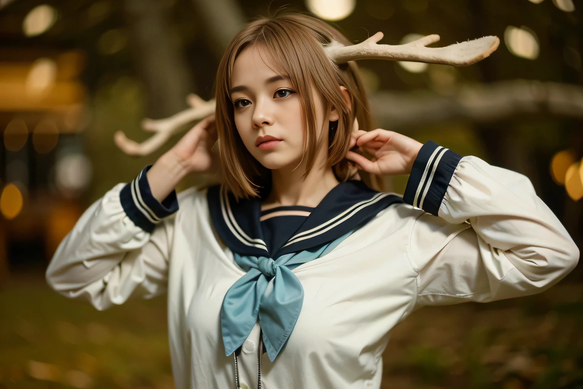 (Best quality, 8k, 32k, Masterpiece, UHD:1.2) "In the peaceful confines of a deer park, a girl stands amidst a large group of deer, each one expressing a gentle and sentimental connection with her. The sunlight filters through the canopy of trees, casting a warm glow over the scene. The deer, ranging from delicate fawns to majestic adults, approach the girl with a sense of calm and trust. One doe rests her head softly against the girl's shoulder, while another nuzzles at her hand, seeking affection. A pair of fawns stand close by, their large, inquisitive eyes filled with curiosity and a quiet bond. The girl kneels to offer a few handfuls of grass, and the deer respond with a tender eagerness, their soft fur brushing against her arms as they eat. The air is filled with the soft rustling of leaves and the quiet breaths of the animals, creating an atmosphere of serenity and mutual respect. The entire scene exudes a gentle connection between the girl and the deer, as though they share a silent understanding of each other's presence, making this moment in the deer park both heartwarming and profoundly serene." ((deer)) ((horns)) ((deers))