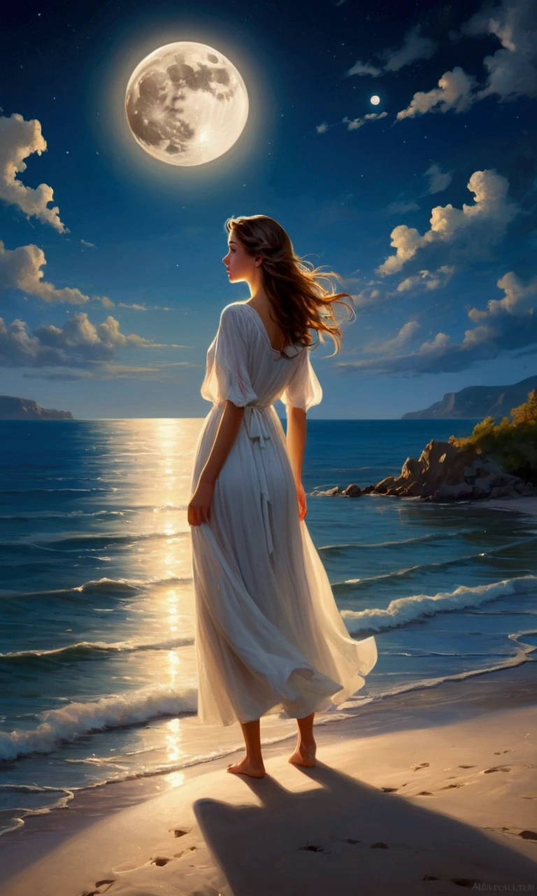 arafed woman in a white dress standing on a beach looking at the moon, painting of beautiful, beautiful girl on the horizon, beautiful painting, volegov, vladimir volegov, beautiful art uhd 4 k, a beautiful painting, beautiful maiden, by Alexander Kucharsky, beautiful realistic painting, beautiful goddess, beautiful gorgeous digital art, stunning painting