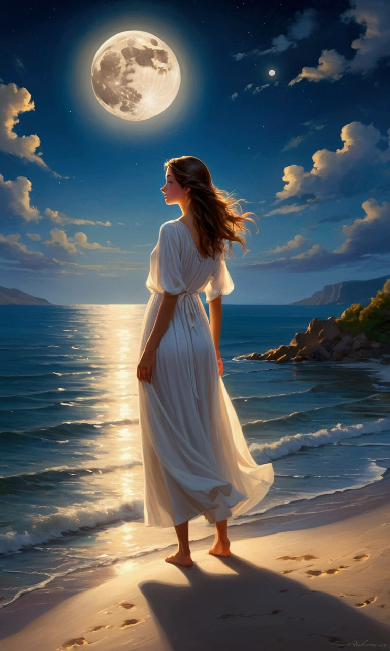 arafed woman in a white dress standing on a beach looking at the moon, painting of beautiful, beautiful girl on the horizon, beautiful painting, volegov, vladimir volegov, beautiful art uhd 4 k, a beautiful painting, beautiful maiden, by Alexander Kucharsky, beautiful realistic painting, beautiful goddess, beautiful gorgeous digital art, stunning painting