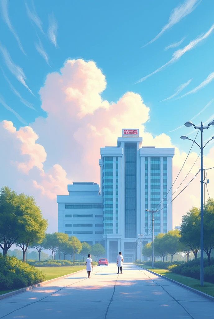 Make me a simple real picture of doctor as my dream job, with a beautiful sky and a hospital. Make it very very simple, yet elegant. Make it an impressionism art. 