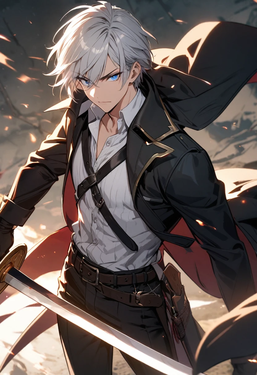 solo, handsome, 1 male, short hair, silver hair, blue eyes, white shirt, black coat, demon hunter, sword