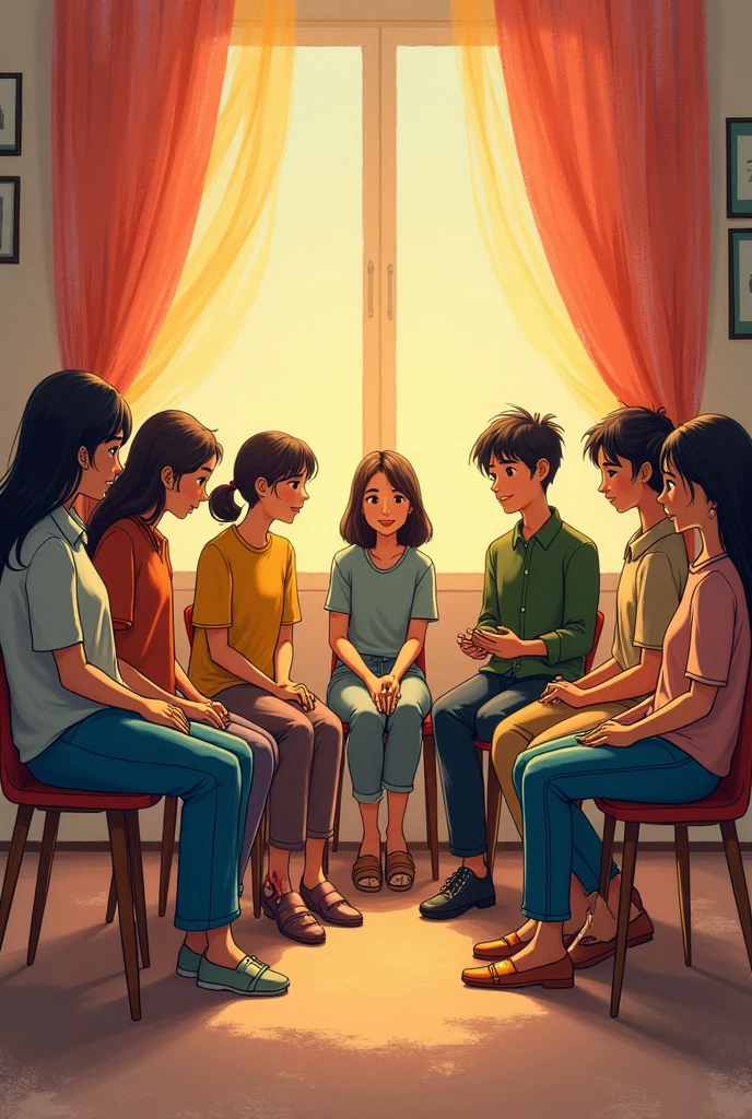 group therapy, ten people sittin on chairs, forming a circle, walrm colors, crayon illustration, studio gibli style
