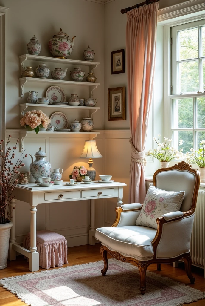 picture of bone china hobby room perspective, with some rest area contain lounge chair and place we can do the hobby but with antique room style