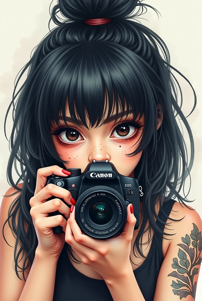 A Woman Photographer, holding a canon camera, Caucasian skin, eyes black, Round face, chubby, tattoo on arm, freckles, scary black hair with bangs . Watercolor drawing 