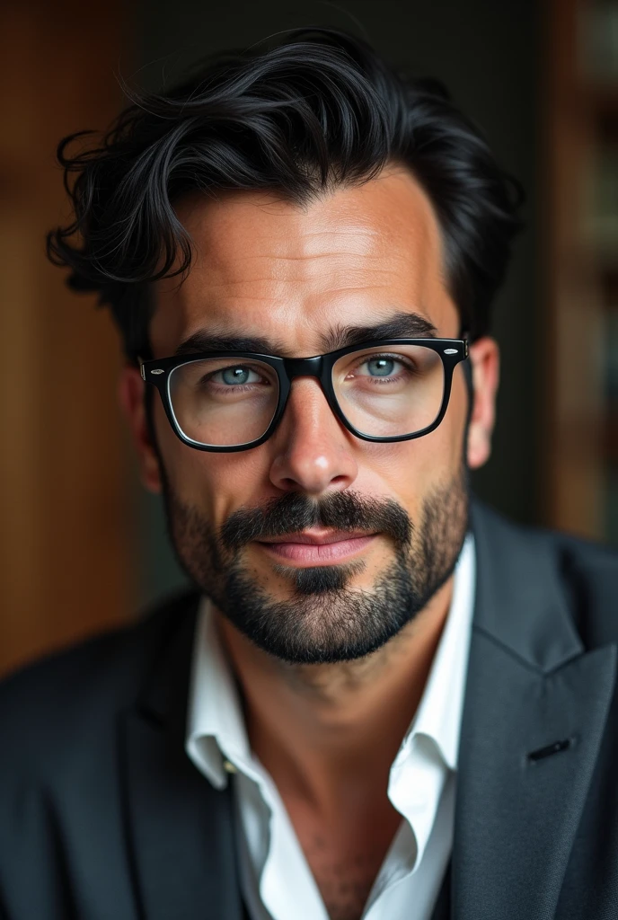 British. Handsome, husband and father. Full lips, straight nose, and a finely shaved beard and mustache. Light blue eyes and messy and middle lenght black hair. Dimples and glasses.