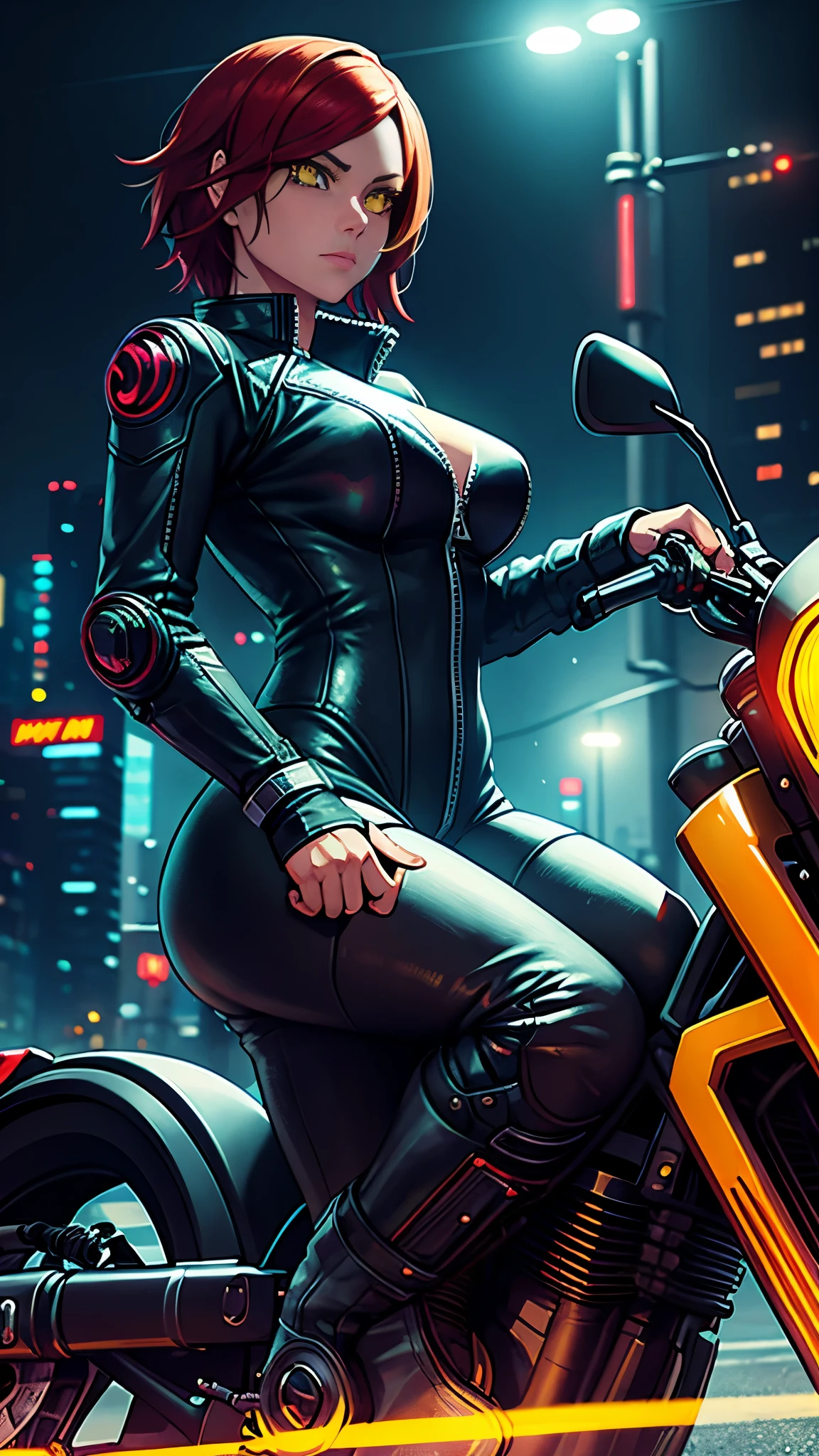 biker girl, motorcycle, Leather one-piece garment, Short hair, yellow glowing eyes, Dark colors, ultra detailed face, long eyelashes, skinny, Cyberpunk, Neon lights, Red hair, long boots, tightsuit, Night, the city street, mitts, rain