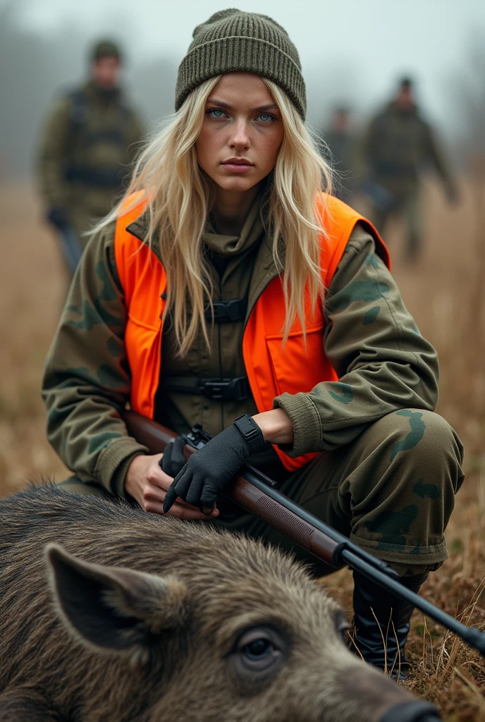 Create a realistic image of a 20 year old woman, Long blonde hair, Blue eyes, cheekbones,
  ((full body)) dressed in hunting outfit, camouflaged soldier in khaki green and brown color, with a fluorescent orange sleeveless vest holding a hunting rifle, crouching next to a dead wild boar, background image : the countryside with hunters around, head to toe, full body, hyper realistic photo