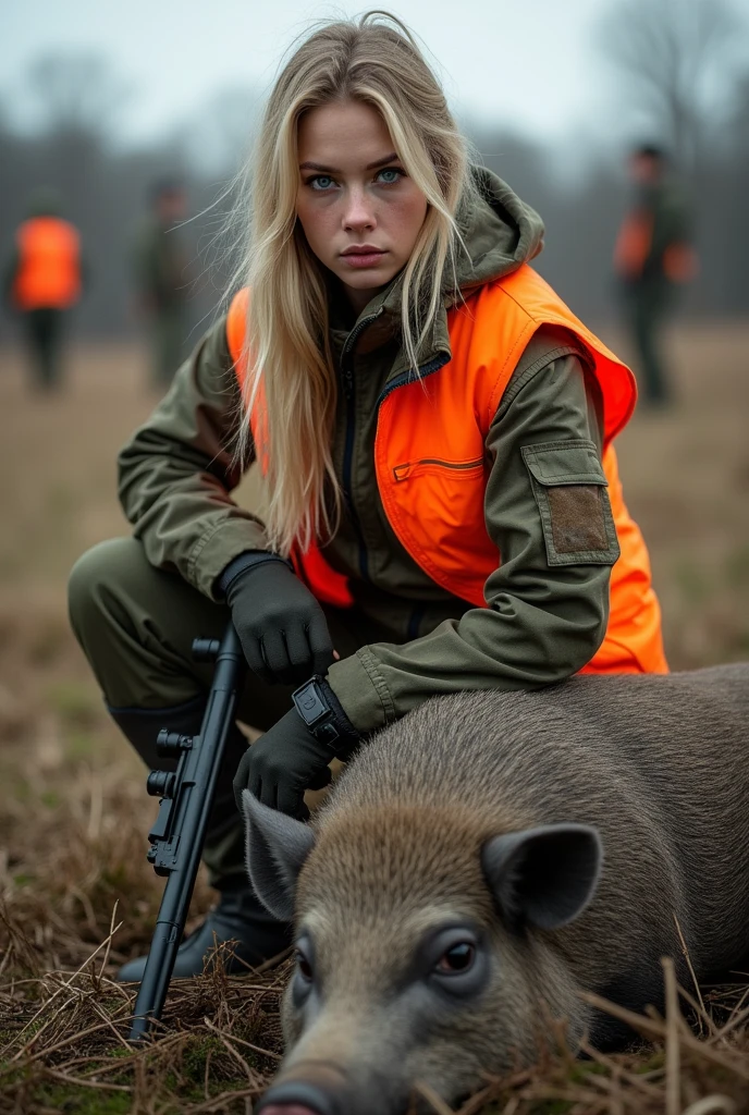 Create a realistic image of a 20 year old woman, Long blonde hair, Blue eyes, cheekbones,
((full body)) dressed in hunting outfit, camouflaged soldier in khaki green and brown color, with a fluorescent orange sleeveless vest holding a hunting rifle, crouching next to a dead wild boar, background image : the countryside with hunters around, head to toe, full body, hyper realistic photo