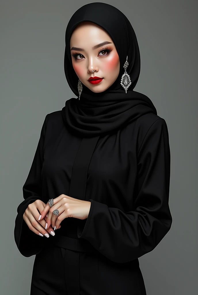 An asian fair beautiful girl with black hijab with cherry red lipstick, pink blush on, smokey silver glittery eyeshadows wearing silver earrings, silver nosepin, silver necklace and silver finger rings. She is also wearing black long top with black leggings and black shoes. She has a hourglass figure.