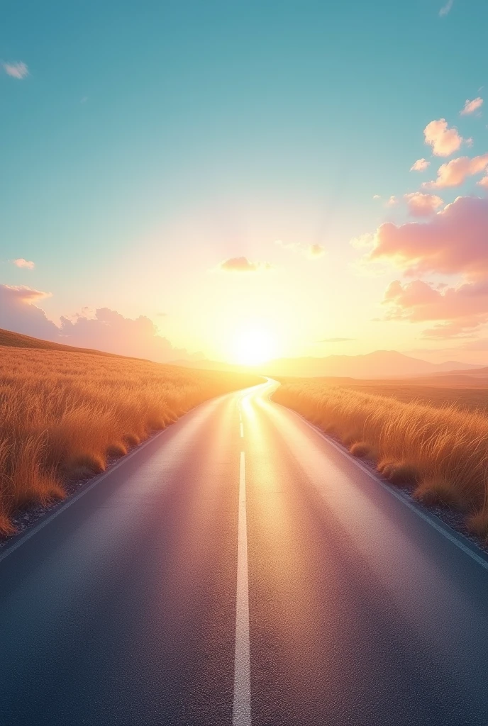 create an image for an ebook cover showing a winding road stretching towards a bright and promising horizon. The background should have a clear, bright sky., with shades of blue, pink and gold, representing hope and new beginnings. The road must be well defined, leading the reader's gaze to the horizon, symbolizing the journey of personal transformation.