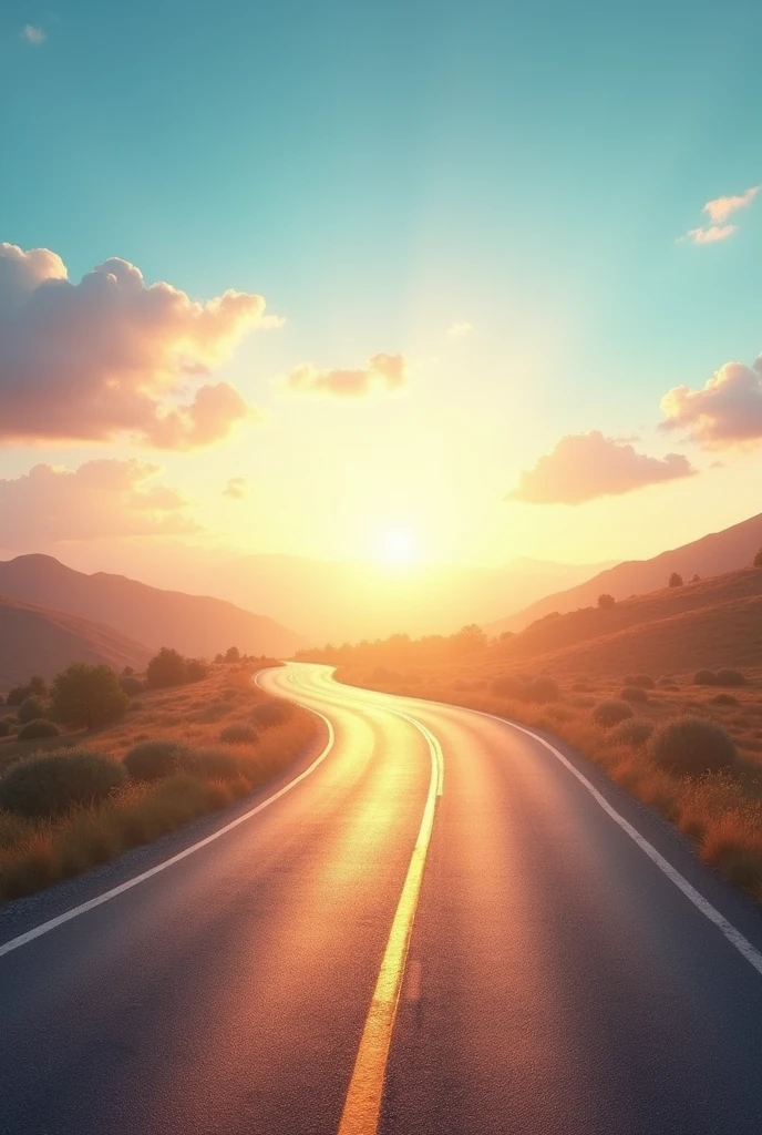 create an image for an ebook cover showing a winding road stretching towards a bright and promising horizon. The background should have a clear, bright sky., with shades of blue, pink and gold, representing hope and new beginnings. The road must be well defined, leading the reader's gaze to the horizon, symbolizing the journey of personal transformation.