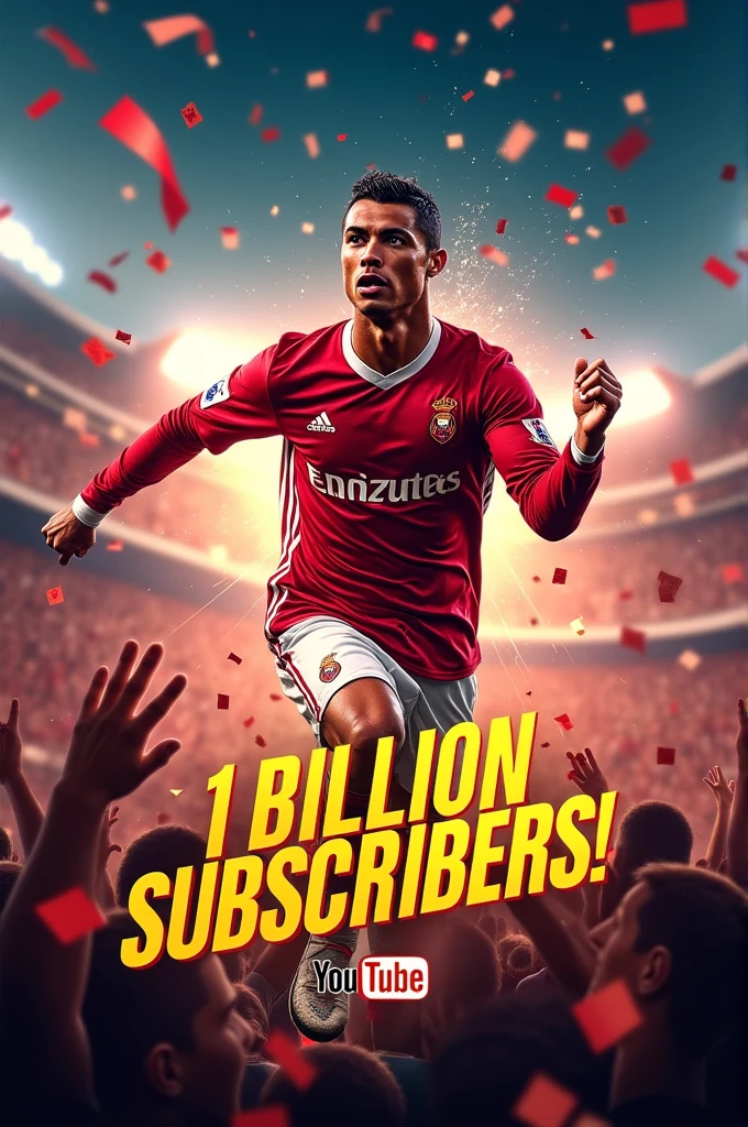Certainly! Here are different types of prompts for creating a YouTube thumbnail on the topic of Cristiano Ronaldo's channel achieving 1 billion subscribers:
### 1. **Celebratory Style**
- **Prompt:** "Create a vibrant and festive YouTube thumbnail celebrating Cristiano Ronaldo reaching 1 billion subscribers. Feature Ronaldo in a dynamic action pose or celebration. Add bold text '1 Billion Subscribers!' with festive elements like confetti, fireworks, and bright colors to emphasize the milestone. Ensure the design is energetic and eye-catching."
### 2. **Minimalist Style**
- **Prompt:** "Design a clean and minimalist YouTube thumbnail for Cristiano Ronaldo's channel with the milestone of 1 billion subscribers. Use a high-quality image of Ronaldo with a subtle background. Place the text '1 Billion Subscribers' in a sleek, modern font, and choose a simple color scheme like black and white or gold and white to keep it elegant and uncluttered."
### 3. **Action-Packed Style**
- **Prompt:** "Design an action-packed YouTube thumbnail showcasing Cristiano Ronaldo in mid-action, perhaps performing a signature move. Include bold and energetic text '1 Billion Subscribers!' with dynamic graphics like motion lines or bursts to convey excitement. Use a vibrant color palette that complements Ronaldo’s branding, such as red and yellow."
### 4. **Fan Tribute Style**
- **Prompt:** "Create a YouTube thumbnail that pays tribute to Cristiano Ronaldo’s fans on reaching 1 billion subscribers. Feature Ronaldo with a background of cheering fans or a stadium scene. Incorporate text '1 Billion Subscribers' with elements like hearts or fan banners to highlight the fan support and achievement. Use a warm, engaging color scheme."
### 5. **Graphical Milestone Style**
- **Prompt:** "Design a YouTube thumbnail with a focus on the graphical representation of the 1 billion subscribers milestone. Use an image of Cristiano Ronaldo alongside a visually striking graphic that highlights '1 Billion Subs