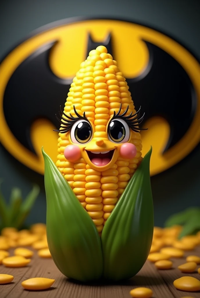 A corn with eyelashes and smiling with the batman logo in the background