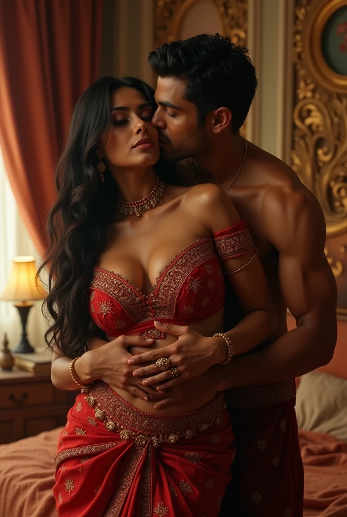 Sexy indian women, age 28 years, wedding saree, topless, large boobs, men grabbed right boob from behind, kissing her neck, and left boob is visible, decorated bedroom scene.