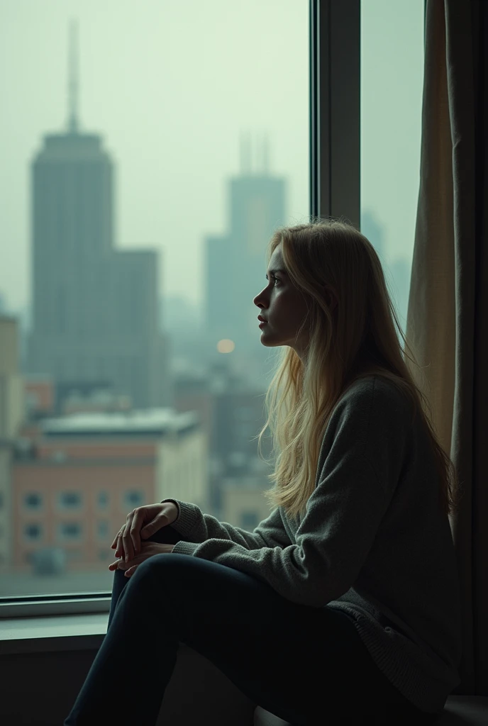 A realistic image of an 18-year-old beautiful young woman with blonde hair, sitting alone in her modern urban apartment. She is looking out of the window with a melancholic expression, feeling lonely and isolated. The apartment is minimally furnished, highlighting her solitude. The cityscape outside the window contrasts with the quiet, introspective