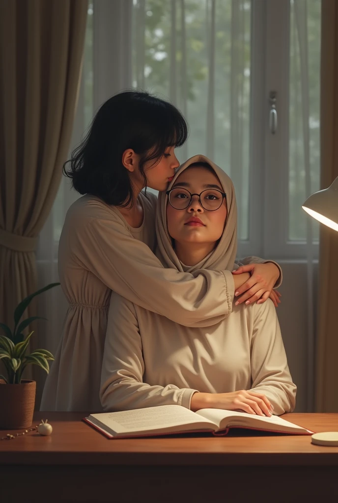 beautiful 35 yo indonesian hijab teacher wearing glass,pajama,pale eyes,sat on the table,hug from.behind by a 20 yo woman,,short hair,wearing longdres,kiss on neck,front view