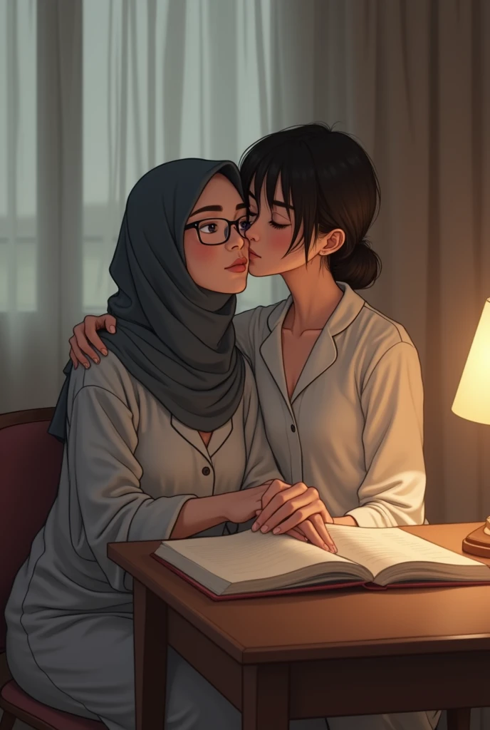 beautiful 35 yo indonesian hijab teacher wearing glass,pajama,pale eyes,sat on the table,hug from.behind by a 20 yo woman,,short hair,wearing longdres,smooch neck