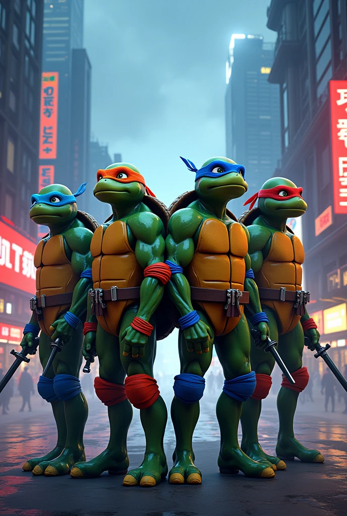 Photos of the four ninja turtles side by side with an anime
