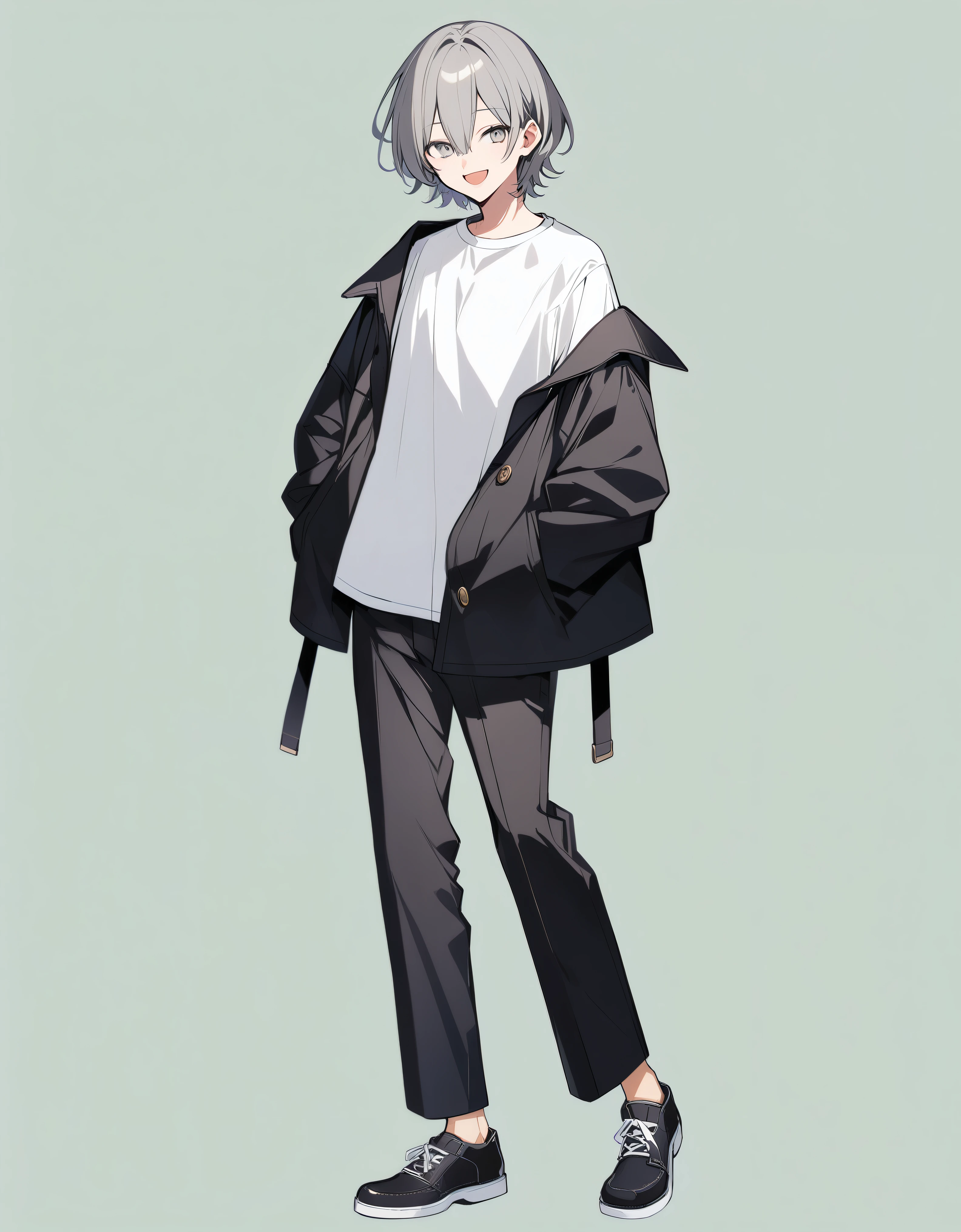 good looking, alone, 1 male, Medium Hair, White eyes, Gray Hair, Black jacket、White shirt, Shirt Out、Black trousers、Bangs between the eyes, shoes、Front view、whole body、No Shadow、Smiling with wide open mouth、Green background