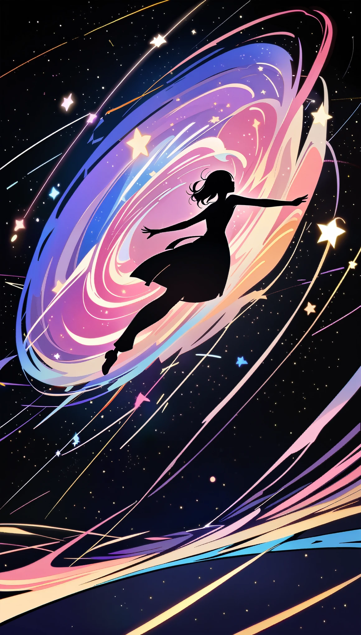 A girl is dancing acrobatically in the starry sky, surrounded by constellations, on black background, white stars and lines forming constellations around her silhouette, light art installation style, high resolution, dreamy effect, fantastic scenery, minimalist design. --ar 3:4 --niji 6,