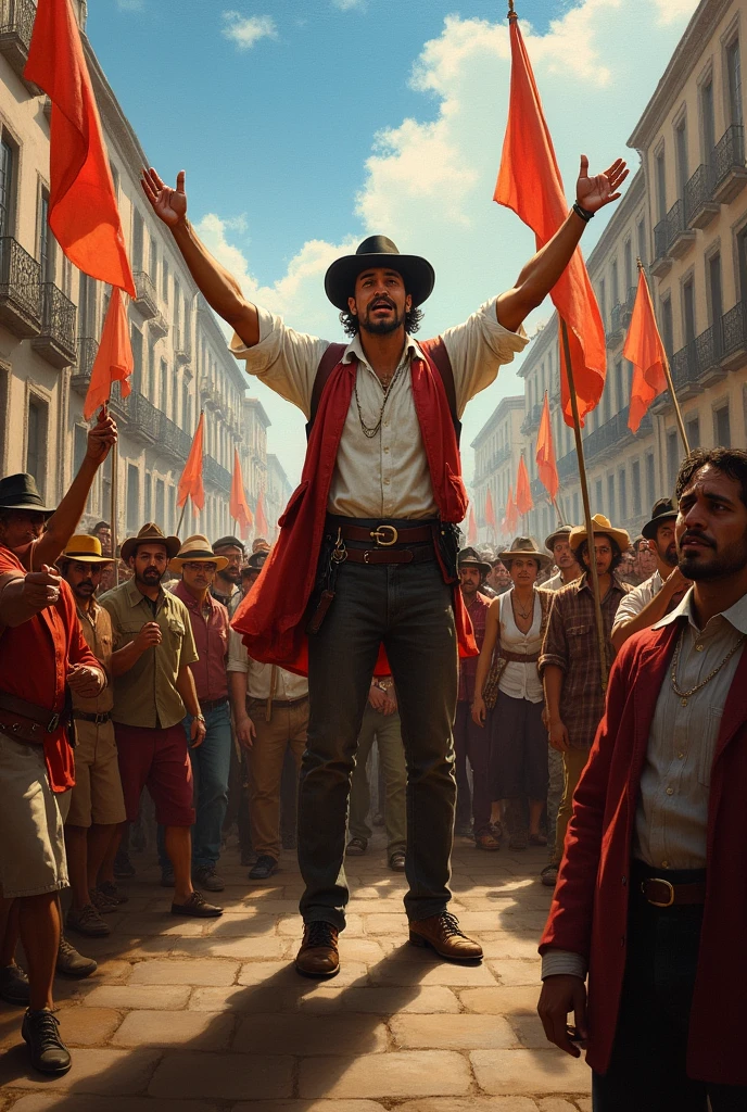 A Latin American activist, in the 1700s, in a march, with a lot of crowd
